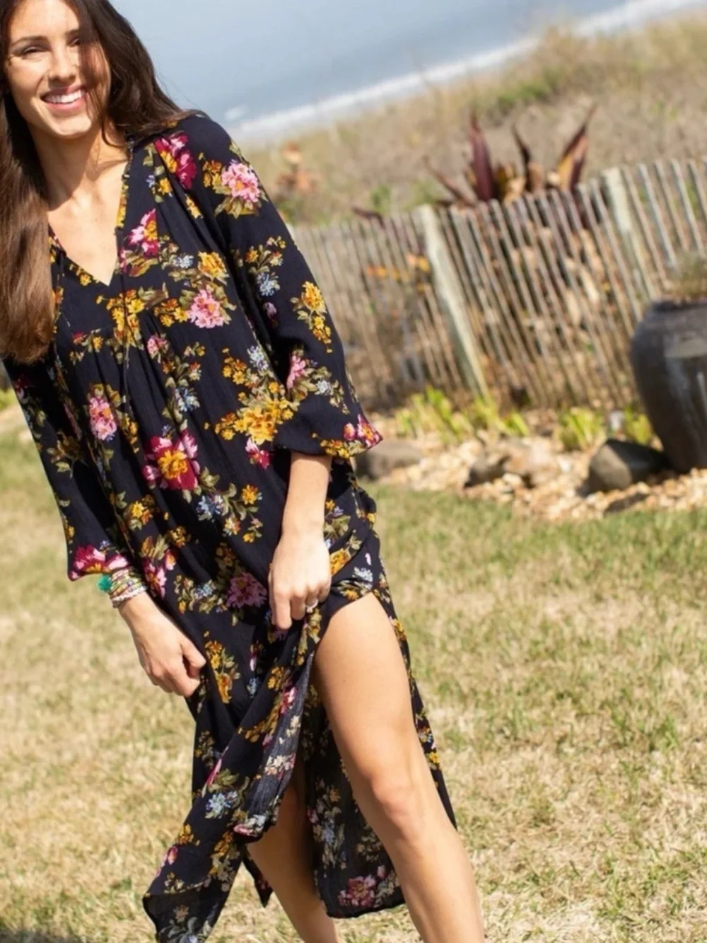 Natural Life Black Floral Rowen Side Slit Midi Dress Size Large - Picture 6 of 7